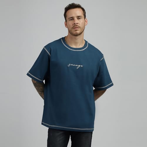 Image of BE SAVAGE 240 GSM Ultra Premium Heavyweight Oversized T Shirt for Men with Embroidered Savage in Front Drop Shoulder T Shirts for Men Embroidery T Shirt