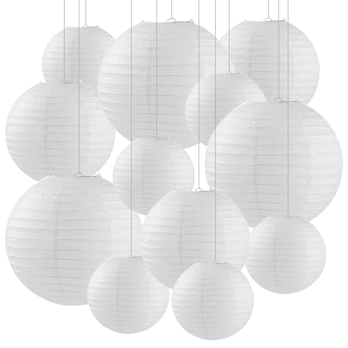 YOUNGSAY 12 Pcs Lampion Papier Blanc, 10/15/20 cm Petite Lanterne en Papier, Peignable Lanterne Boule en Papier pour Mariages, Anniversaires, Fêtes et...