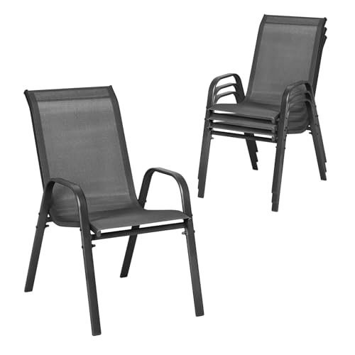 WOLTU Sillas de Jardín, Juego de 4 Sillones Apilables de Exterior, Respaldo Transpirable, Sillas para Terraza Patio Balcón, Estructura de Metal, Gris Oscuro