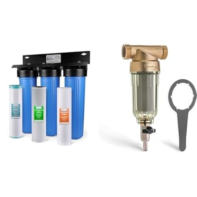 iSpring 3-Stage Whole House Water Filter System Bundle with Reusable Spin Down Sediment Pre-Filter, Reduces Iron, Manganese, Chlorine, 1000 Micron