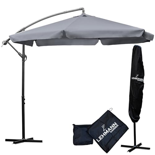 LEHMANN Alu Sonnenschirm Ø 300 cm mit ständer, groß Gartenschirm mit Kurbel, verstellbarer Kurbelschirm, Schirm Sonnenschutz, UV-Schutz, für Terrasse und Garten, wasserdicht (graphit)