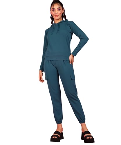 Image of POPWINGS Casual Self Design Solid Sweatshirt and Joggers Co-Ords Set for Women | Trendy Stylish Top and Bottom Set for Women | Women Hooded Sweatshirt and Joggers Set | Women Co Ords Set Summer Wear