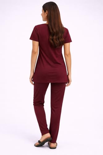 Image of KIAWAH Women's Cotton Night Suit, Long Top and Pajama Set, Round Neck, Short Sleeve,