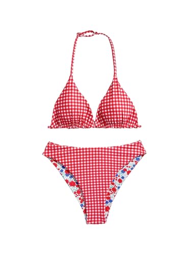 Image of RoseSeek Girl's 2 Piece Swimsuits Floral Gingham Halter Triangle Wireless Bikini Bathing Suit