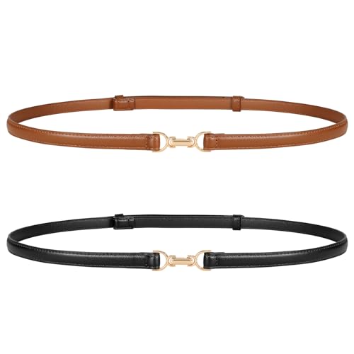 JASGOOD 2 Pack Women Skinny Faux Leather Belts Thin Waist Belts With Adjustable Gold Buckle for Dresses Jeans