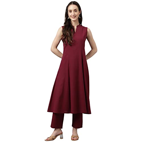Image of FIORRA Women's Maroon Rayon A-line Kurta with Pant