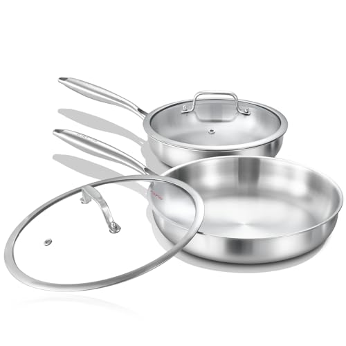 DELARLO Tri-ply Stainless Steel Frying Pan Set with Lid 8" 10" Induction large Skillets Chef's Pan,Pots and Pans Set Kitchen Cookware Set Suitable for All Stove