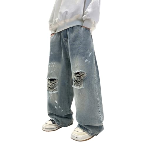 Boys Ripped Jeans Washed Baggy Wide Leg Distressed Denim Pants Kids Toddler Streetwear Jeans Trousers with Pockets