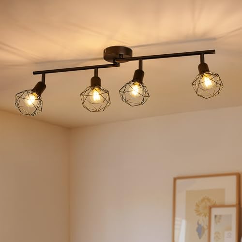 Spot Lights Ceiling 4 Way, Retro Kitchen Lights Ceiling E14, Black Ceiling Light Fittings, Adjustable Wire Cage Spotlights Bar for Hallway Bedroom Living Room, Bulb Not Included