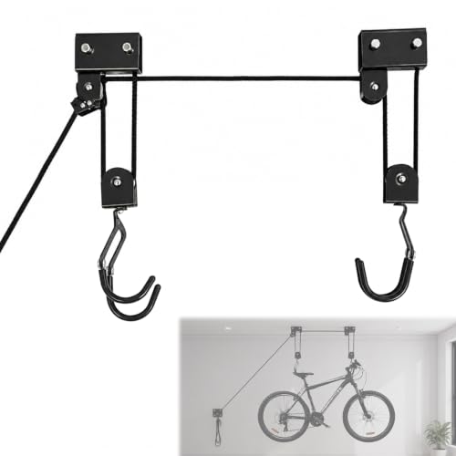 EXLECO Fahrrad Deckenlift 57 kg Traglast Fahrrad Bike Lift Schwarz Fahrradlift Universal Fahrradhalterung FahrradaufhängungDeckenhalterung mit Haken Seilbremse für Fahrräder E-Bikes Garagen