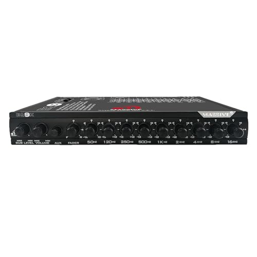 Massive Audio EQ9X – 9 Band Car Equalizer, RCA Aux Input, 7V RCA Outputs, 8v Output Line Driver, 18dB Crossover, Gold-Plated RCA Connectors, Freq Response 20Hz-30Hz / 100dB and Adjustable Sub Control
