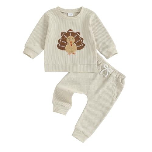 Fernvia Baby Boy Fall Clothes Toddler Thanksgiving Outfit Turkey Football Embroidered Waffle Knit Sweatshirts Pants Set
