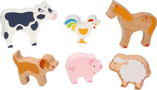 goki 58320 – Tierset Bauernhof aus Holz – 6 Bauernhoftiere im kindgerechten Design – Holzspielfiguren für Kinder ab 2 Jahren