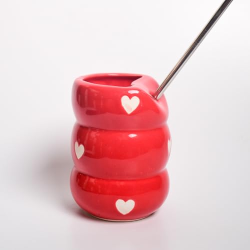 Image of Sip Bubble Ceramic Tumbler with Stainless Steel Straw | Red Heart Pattern, Handmade, Drinkware | 220 ML