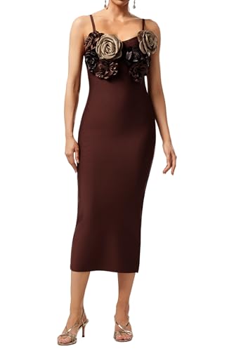 Brown Elegant Sleeveless Spaghetti Strap Exquisite Flower Cocktail Dress Flattering