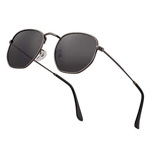 Htms Hipster Hexagonal Polarized Sunglasses Men Women Geometric Square Small Vintage Metal Frame Retro Shade Glasses, Grey Lens/Grey Frame, Millimeter