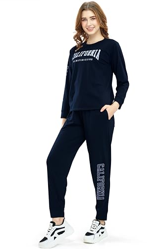 Image of ZEYO Women's Cotton Typography Printed Relaxed Night Suit Set of Top & Joggers