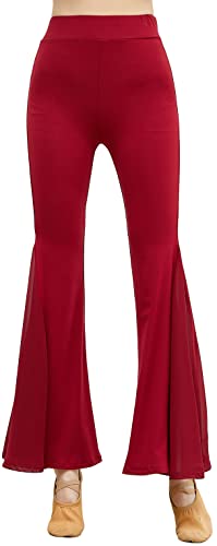 Angcoco Women's Classical Dance Tango Cha Cha Latin Stretch Boot Cut Flared Pants WineRed