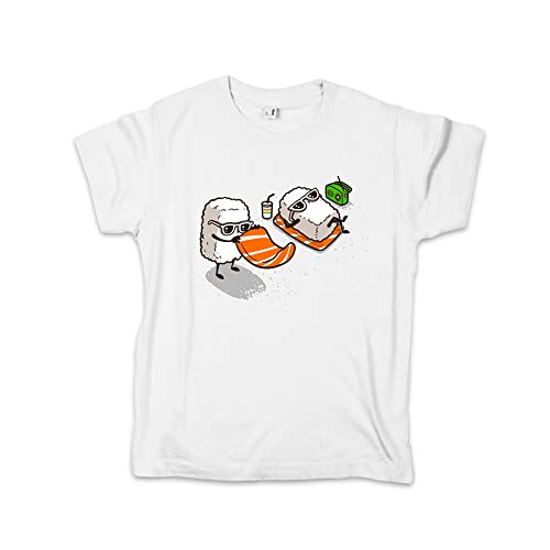 Pampling Camiseta para Niños y Niñas de Mangas Cortas, Ropa Infantil Unisex con Estampados Originales en 5 Tallas, Camiseta 100% Algodón Blanca, Modelo Summer Sushi (XL)