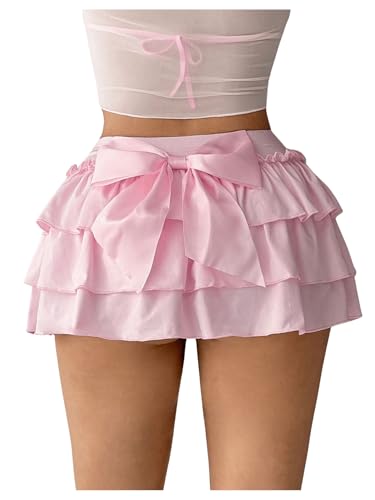 Milumia Women's Y2K Bow Kont Elastic Waist Layered Ruffle Hem Mini Skirts