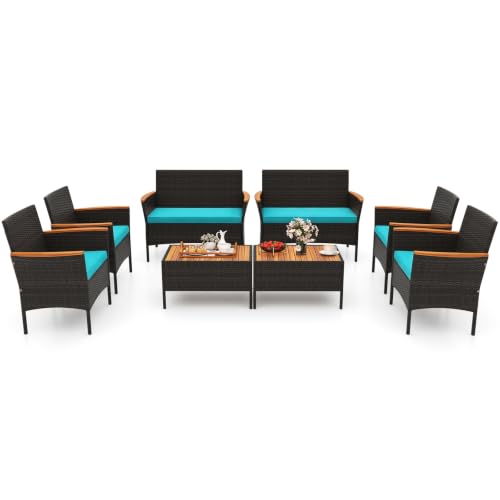 Tangkula 4 Pieces Patio Wicker Sofa Set, 2 Rattan Chairs & Loveseat w/Coffee Table, Acacia Wood Armrests & Tabletop, Outdoor Cushioned Conversation Set for Backyard, Poolside (Turquoise, 8 Pieces)