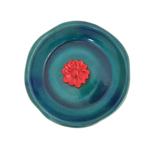 Voltogar Ceramic Bird Bath for Outside, Bird Bath Bowl with Vintage Decoration for Garden & Patio, Ground, Deck, Balcony Yard Lawn Decor Blue Bird Drinker Plate - Red Flower, 12.25'
