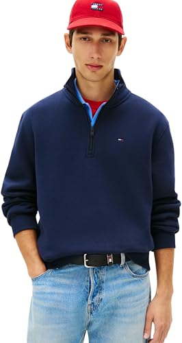 Image of Tommy Jeans Men's TJM Reg Fleece 1/4Zip Mock Neck DM0DM20339 Half Zip Sweatshirt, Blue (Dark Night Navy), M