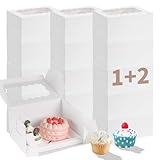 PFAMKEER 4 cajas para tartas de 1 + 2 granos con ventana, cinta, contenedor grande desechable para tartas, cajas de panadería blancas