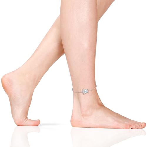 Image of Fenthring Turtle Anklet S925 Sterling Silver Blue Opal Sea Turtle Ankle Bracelets for Women Infinity Wave Ocean Beach Summer Foot Bracelet Jewelry Layered Adjustable