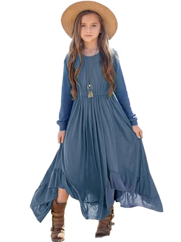New 8-14Y Girls Long Sleeve Boho Maxi Dress Casual Flowy Ruffle Hem Dress