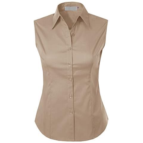 MAYSIX APPAREL Womens Sleeveless Stretchy Button Down Collar Office Formal Shirt Blouse Khaki S Cover