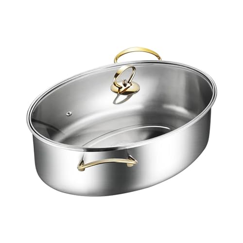 OWOHYG Olla Elíptica para Pescado Al Vapor, Acero Inoxidable 304, Ovalada, con Tapa Y Rejilla, Multiusos para Cocinar Pescado Al Vapor Y Sopa Hirviendo.