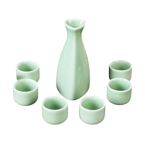 Ceramic Japanese Sake Set, 7 Pcs Jade Color Sake Set, 1 Serving Bottle and 6 Cups for Home, Restaurants, Gifts (Hand Wash)