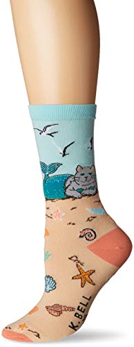 K. Bell Women's Cool Fun Novelty Casual Crew Socks, Cat Mermaid (Sand), Shoe