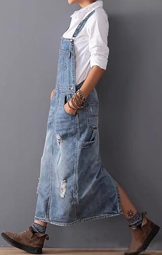 Image of loveimgs Women Distressed Denim Overall Dress Bib Long Jean Jumper Ripped Adjustable Straps Patchwork Pinafore Dress