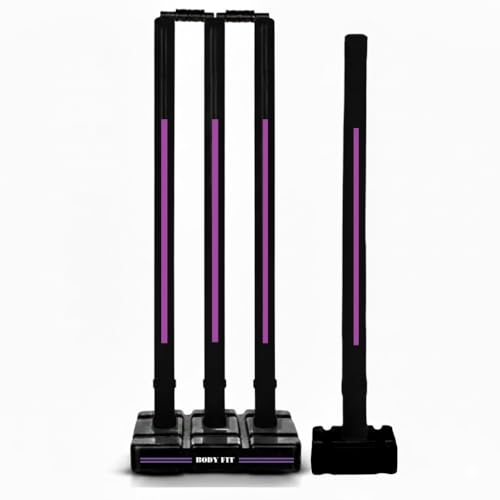 Image of Bodyfit Heavy Cricket Stumps | PVC Wickets Set with 4 Stumps + 2 Bails + 2 Stands | Full Size Wickets for Cricket Ground, Tournament Wicket. (Black-Purple)