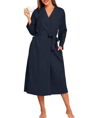 Lovasy Waffle Dressing Gowns for Women UK Cotton Lightweight Spa & Bath Robes for Women Ladies Kimono Dressing Gowns Women's Full-Length Robes with Pockets for Hotel Nursing Pregnancy,Navy Blue,M