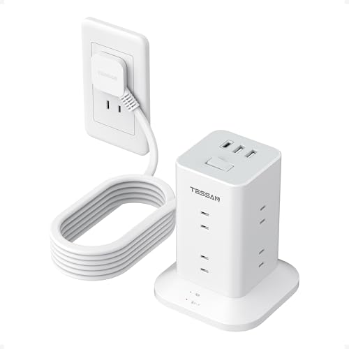 電源タップ タワー 延長コード 5m 8個AC コンセント 3USBポート付き 180°スイングプラグ TESSAN 延長コンセント 雷ガード マルチ 蛸足コンセント タコ足配線 テーブルタップ oa mini型