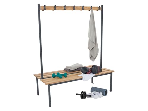 Changing Room Bench, Heavy Duty Powder Coated Steel Frame with Wooden Slats, 1500mm Wide Cloakroom Benches with Clothing Hooks for Schools, Gyms, Leisure Centres (Grey, Double Sided)