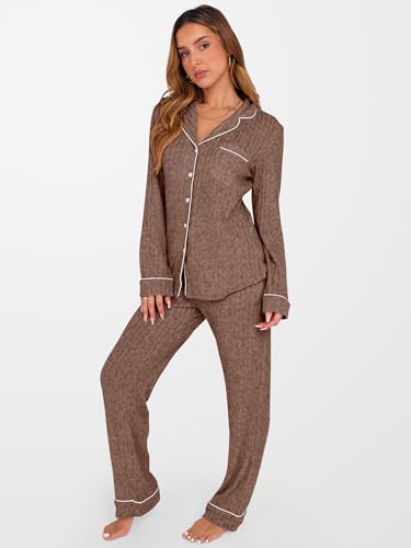 ANRABESS Women Pajama Lounge Sets 2025 Fall 2 Piece Outfits Ribbed Long Sleeve Matching PJ Set Sleepwear Loungewear4