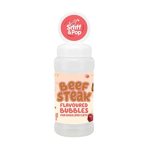 Sniff & Pop Dog Bubbles Flavoured Beef Steak Pet Safe Non-Toxic Bubble Solution for Dogs & Cats Interactive Bubble Wand Toy Enrichment & Activity Toy for Puppies & Dogs 120ml