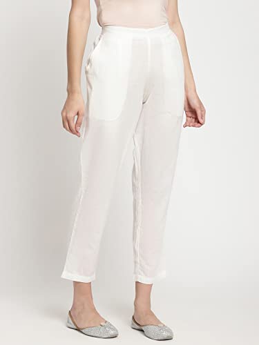 Image of Women's White Cotton Straight Fit Trouser | Ankle Length Casual Pants for Women | Mid Rise Comfortable Stretchable Bottom Wear with Pocket