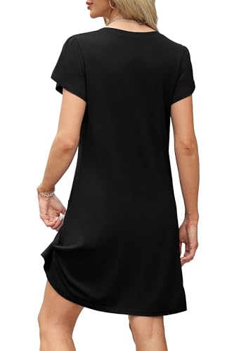 Image of OFEEFAN Womens Summer Dresses 2026 Tulip Petal Short Sleeve V Neck Loose Swing Sundresses with Pockets Plain /Print