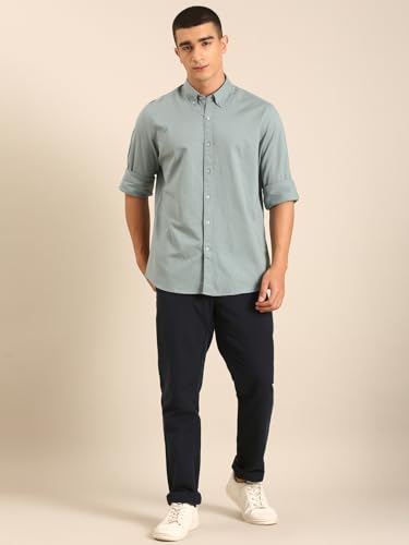 Image of Cavallo by Linen Club Men's Blended Linen Sage Solid Contemporary Fit Full Sleeve Casual Shirt