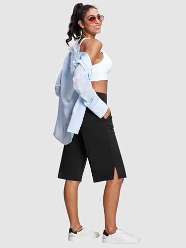 Image of ISEEGZ 15 inch /18 inch /21 inch Capri Pants for Women High Waist Wide Leg Yoga Capris with Pockets Stretchy Loose Fit Casual Workout