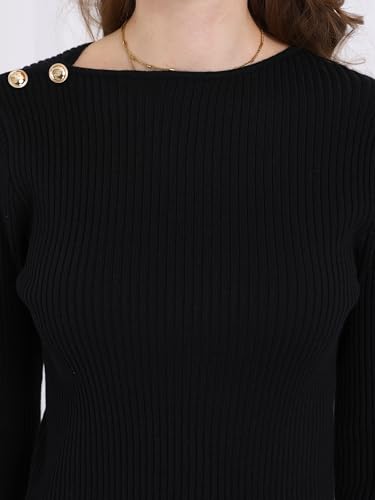 Image of Hobemty Women's Long Sleeve Pullover Sweater 2025 Spring Boat Neck Split Hem Casual Work Ribbed Knit Top