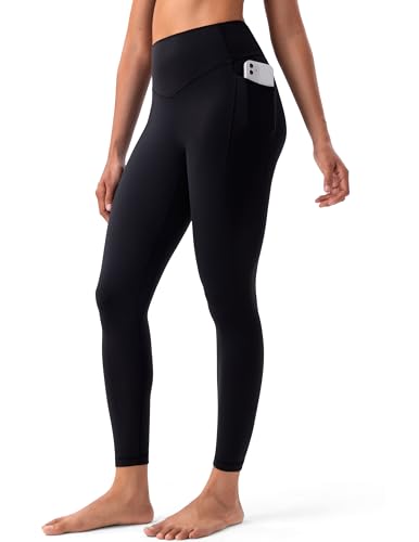 YUNOGA No Front Seam Leggings for Women with Pockets 25 High Waisted Buttery Soft Lounge Athletic Yoga Pants (S Black)