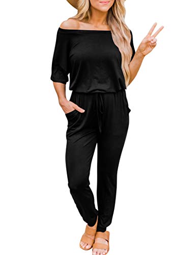 cailami Women's Casual Off Shoulder Jumpsuit Loose Drawstring Waist Club Long Romper with Pockets, Medium, Black