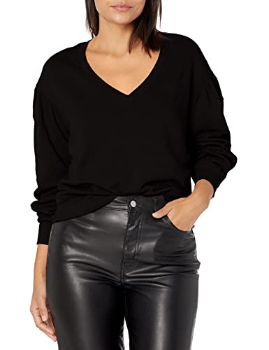 Monrow Women's Ht1076-Shirred Sleeve Sweatshirt, Black, Small #TOP19