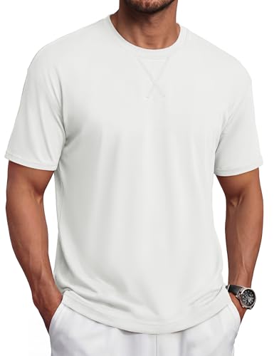 TACVASEN White Tshirt Men's Plain White Shirts Cotton Drop Shoulder Short Sleeve Casual Summer Tops Soft Comfort Fashion 3XL